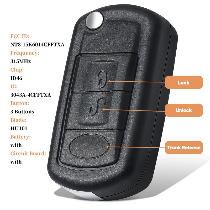 Keyecu Replacement Flip Remote Car Key Fob 315MHz PCF7941 for LR3 Range Rover Sport 2005-2011 FCC ID:NT8-15K6014CFFTXA - Image 2